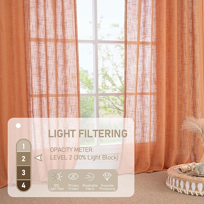 LAMIT Burnt Orange Sheer Linen Curtains, 108 inch Light Filtering Semi Sheer Panels Back Tab and Rod Pocket Fall Decor Drapes for Bedroom/Living Room, 2 Panels, 52 x 108 Inch