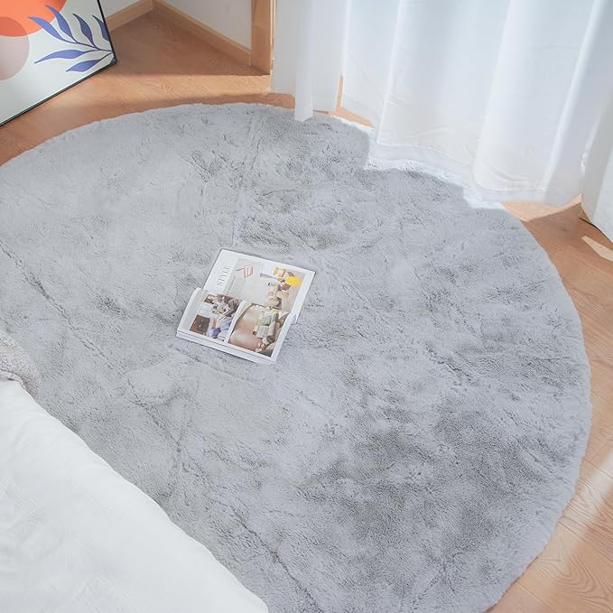 ORINOVA Silver Grey Round Rugs 8ft Shag Washable Area Rugs for Bedroom Faux Bunny Fur Circle Rug for Living Room Large Sheepskin Nursery Rug Home Décor