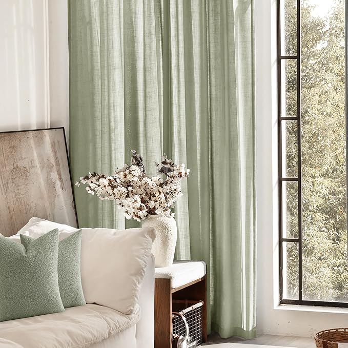 Linen Blend Sage Green Curtains 120 inch Length 2 Panels for Bedroom Back Tab Light Filtering Semi Sheer Drapes Linen Cotton Textured Light Green Airy Modern Farmhouse Living Room Sage Aesthetic Decor