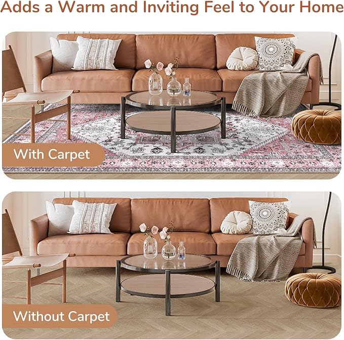 OPPODREAM Soft Area Rugs 3x5, Washable Rugs with Non Slip Backing, Low-Pile Throw 3x5 Carpet, Faux Cashmere 3 x 5 Carpet, Pink & Cream