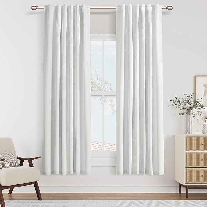 Guken White 100% Blackout Linen Curtains 42 Inch Wide by 72 Inch 2 Panels Set for Living Room Bedroom Back Tab Thermal Insulated Black Out Linen Drapes Room Darkening Window Curtains