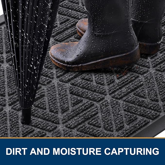 Smiry Front Door Mat Outside Entrance, Heavy Duty Sturdy Natural Rubber Doormat, Trap Dirt and Moisture, Easy Clean Low Profile Mats for Indoor Outdoor Entry, Grid Geometric (59x34, Grey)