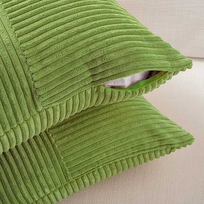 Fancy Homi Set of 2 Lime Green Decorative Throw Pillow Covers 22x22 Inch for Living Room Couch Bed Sofa, Farmhouse Boho Home Decor, Soft Cross Corduroy Patchwork Accent Square Cushion Case 55x55 cm