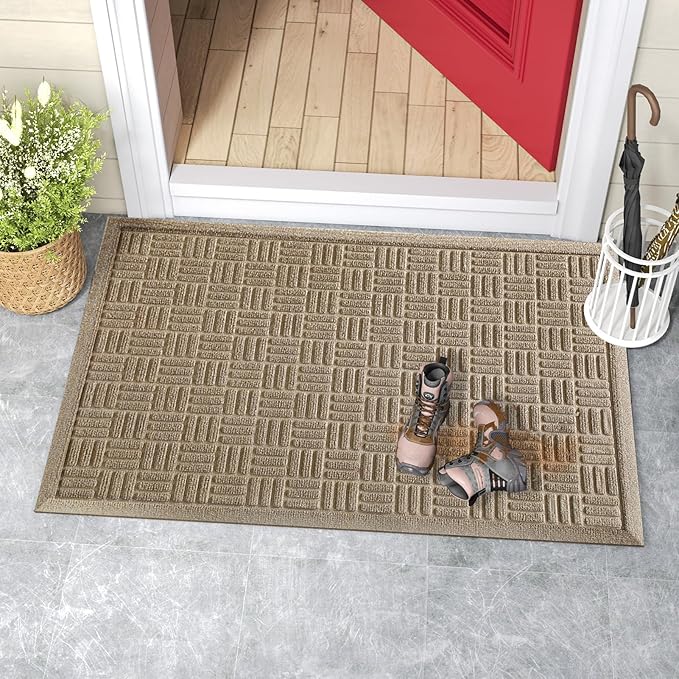 Mibao Front Door Mat Indoor Outdoor Entrance, Dirt Trapping Waterproof All-Season, All-Weather Doormat, Non-Slip Durable Natural Rubber Low Profile Easy Clean Patio Entrance Mat, 29.5" x 17", Beige