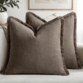 MIULEE Decorative Throw Pillow Covers Neutral Linen Fringe Throw Pillows Set of 2 Natural Coffee Boho Farmhouse Cushion Covers with Tassels for Couch Sofa Bed Living Room Spring Decor 18x18 Inch