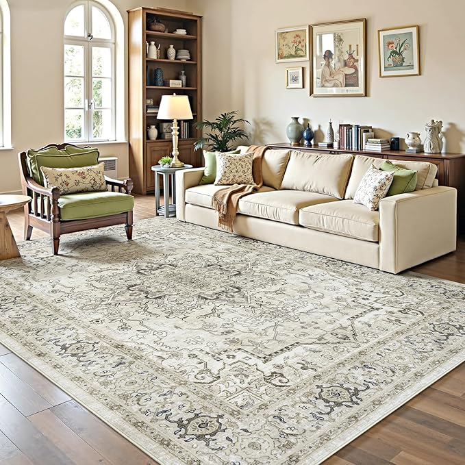 Lofus 6x9 Area Rugs for Living Room, Washable Area Rug, Rugs for Bedroom, Kitchen, Vintage Boho Carpet, Soft Non-Slip, Low Pile Large Area Rug for Office Dining Room, Beige and Brown