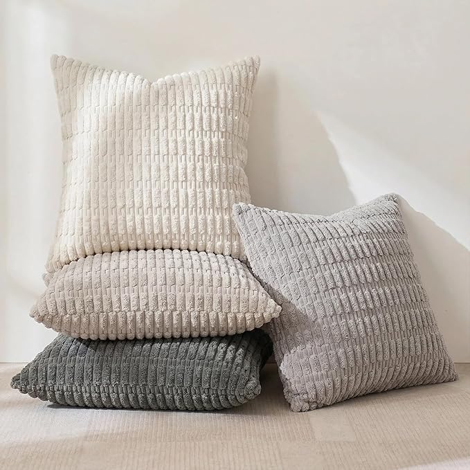 Fancy Homi Set of 4 Grey and White Decorative Throw Pillow Covers 20x20 Inch for Couch Bed Chair, Modern Farmhouse Boho Room Decor, Soft Fuzzy Double Sided Corduroy Textured Striped Cushion Case 50cm
