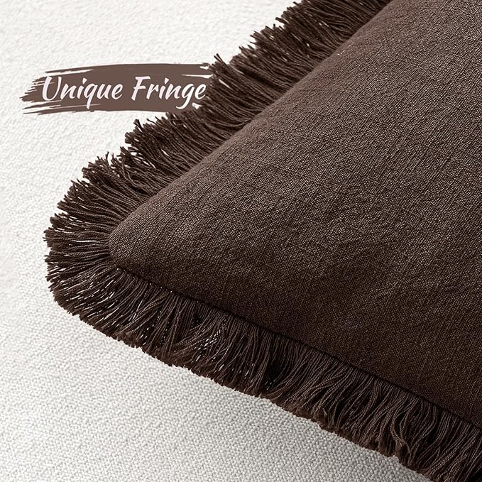 MIULEE Decorative Throw Pillow Covers Neutral Linen Fringe Throw Pillows Euro Shams Set of 2 Dark Brown Boho Farmhouse Cushion Covers for Couch Sofa Bed Living Room Spring Home Decor 22x22 Inch