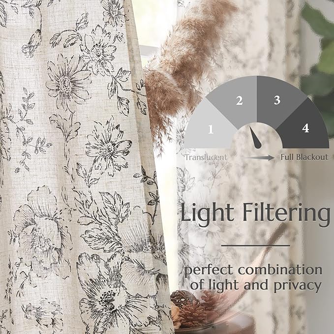 jinchan Linen Blend Curtain Floral Curtains for Living Room 84 Inch Length Black Printed Curtain Rod Pocket Back Tab Farmhouse Peony Flower Patterned Drapes Bedroom Window Curtains Set 2 Panels
