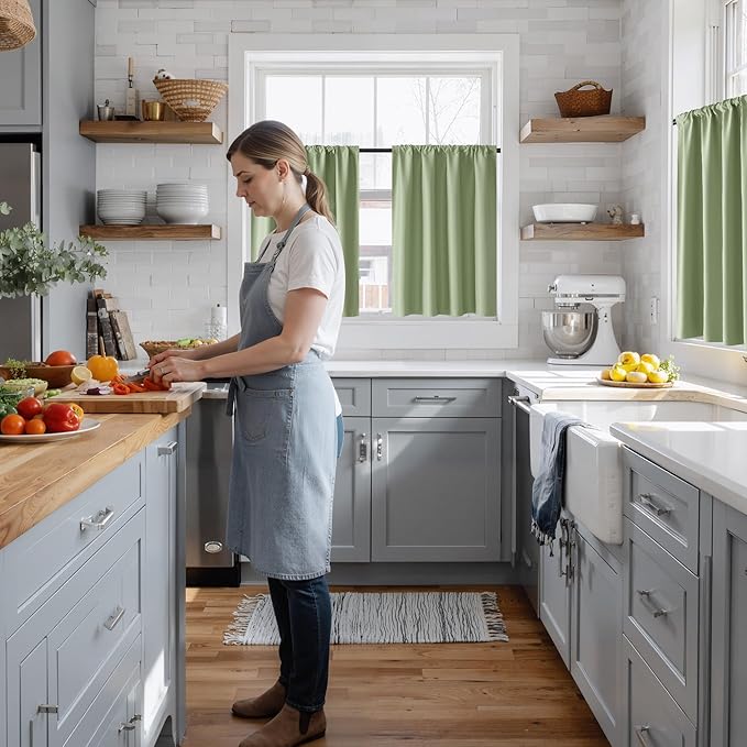 RYB HOME 100% Blackout Basement Curtains 36 inches Long, Heat & UV Blocking Total Room Darkening Noise Reducing Curtains for Bathroom RV Campers, Sage Green, 2 Panels Set