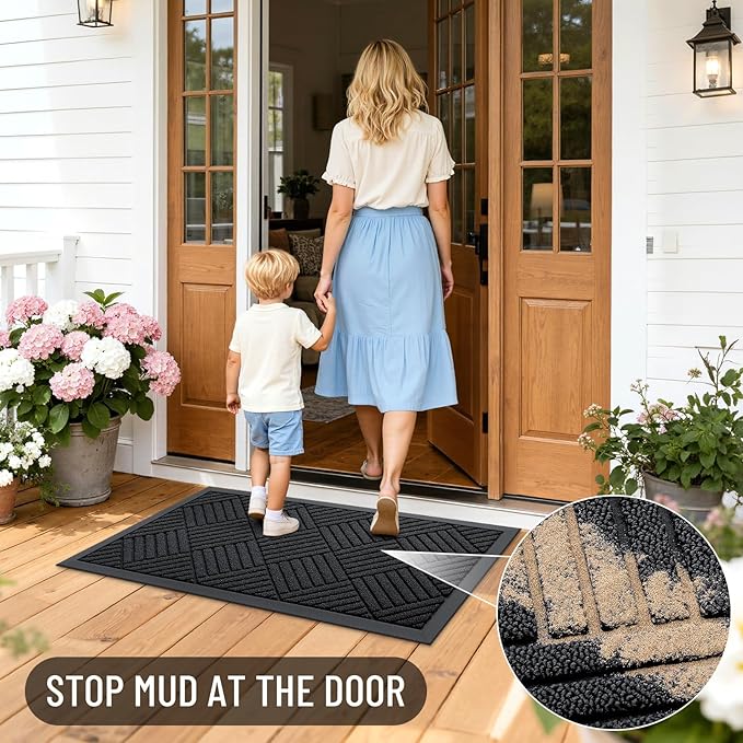 OLANLY Front Door Mat Outside Entrance 33x21, Absorbent, Heavy Duty Sturdy Natural Rubber Doormat Indoor Outdoor, Stain and Fade Resistant, Non-Slip Low Profile Floor Mat for Entryway, Black Diamond