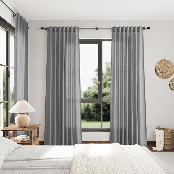 Nanspring Dark Grey Linen Curtains 80 Inches Long for Bedroom Rod Pocket Back Tab Light Filtering Semi Sheer Curtain Farmhouse Decor Linen Textured Drapes for Living Room 2 Panels Set 52x80