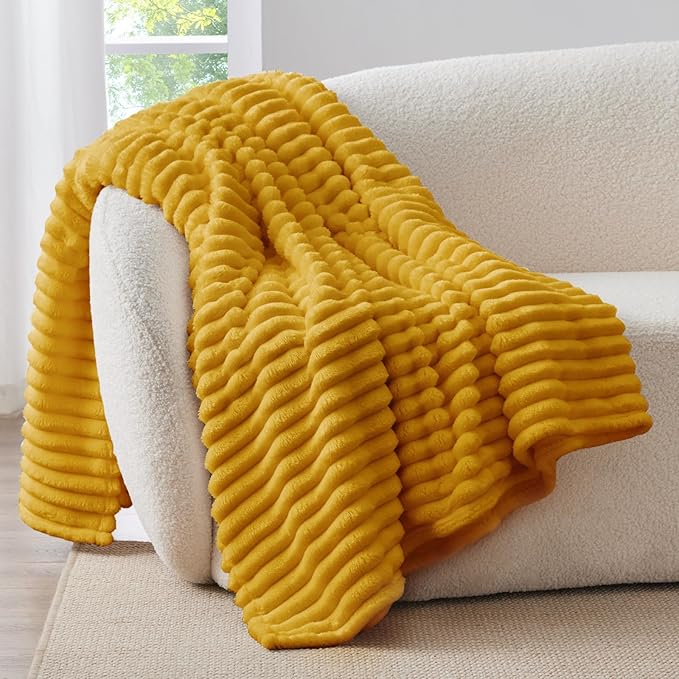 BEDELITE Fleece Throw Blanket for Couch - 300GSM Soft & Warm Fluffy Mustard Yellow Blanket, Decorative and Giftable Striped Blankets for Women, Men, 50"x60"