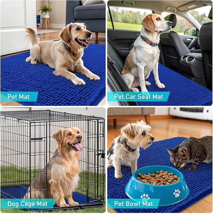 OLANLY Dog Door Mat for Muddy Paws 59x20, Absorbs Moisture and Dirt, Absorbent Non-Slip Washable Doormat, Quick Dry Chenille Mud Mat for Dogs, Entry Indoor Entryway Carpet for Inside Floor, Royal Blue