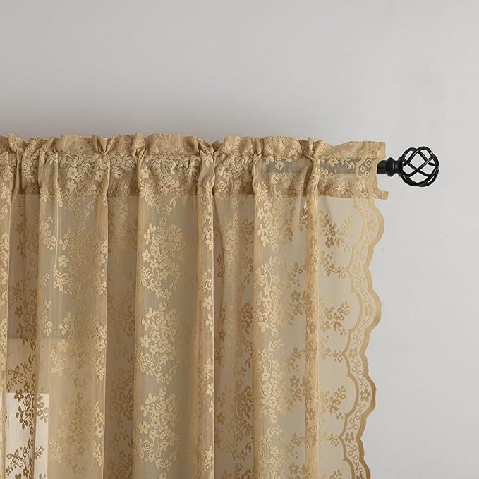 YJ YANJUN Vintage Lace Curtains 2 Panels Farmhouse Short Tan Sheer Curtains for Kitchen Bathroom Rustic Scalloped Half Drapes 45 inch Length Light Filtering W52 X L45,Taupe/Khaki