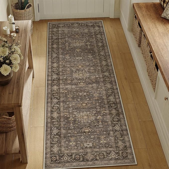 2'6x10 Washable Runner Rug for Hallway Kitchen Vintage Brown Non Slip Low Pile Carpet Traditional Retro Soft Throw Rug for Bathroom Bedroom Entryway Indoor Entrance