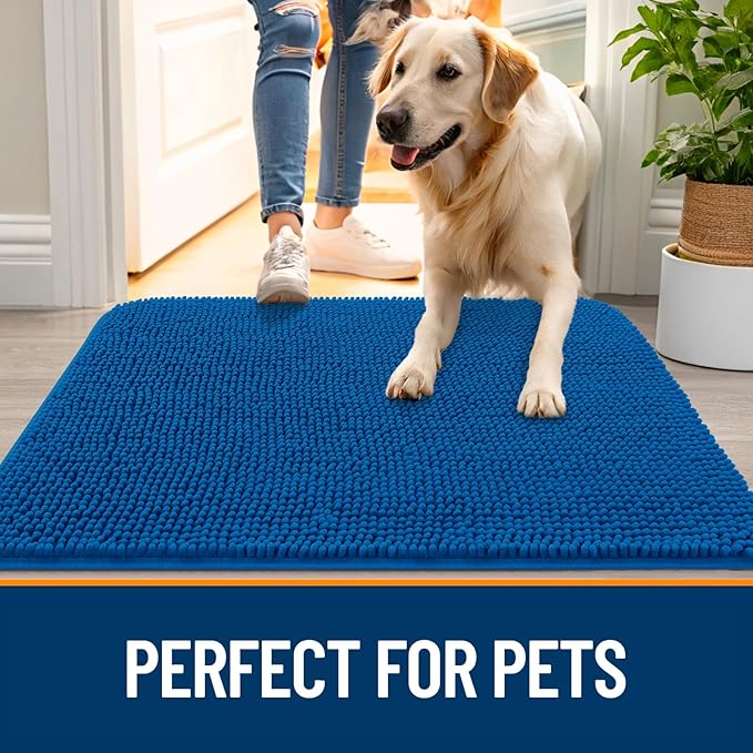 OLANLY Dog Door Mat for Muddy Paws 35x24, Absorbs Moisture and Dirt, Absorbent Non-Slip Washable Doormat, Quick Dry Chenille Mud Mat, Entry Indoor Entryway Carpet for Inside Floor, Deep Navy Blue