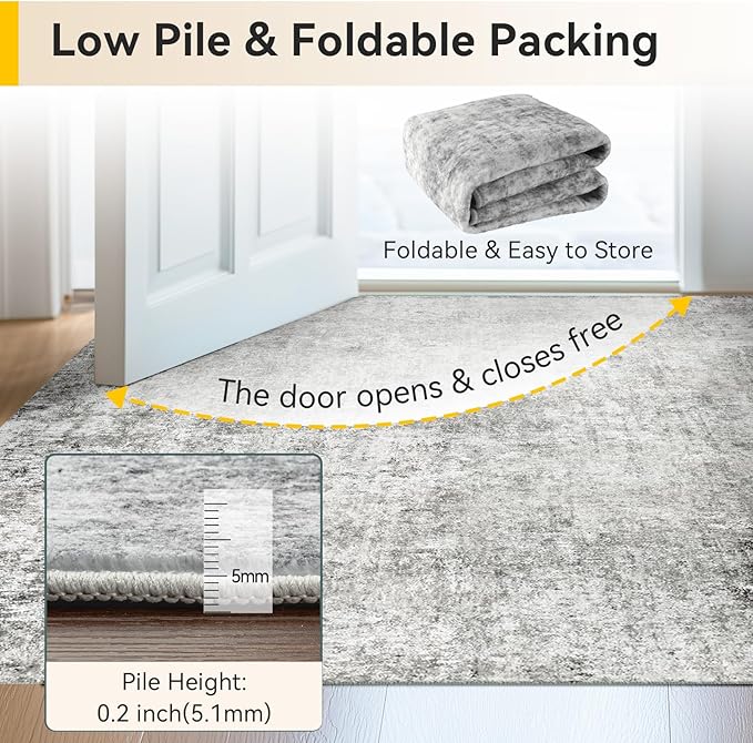 Washable Area Rugs 7'x9' Non-Slip Modern Abstract Soft for Living Room Entryway Bedroom Nursery, Print Pattern, Gray White Grey