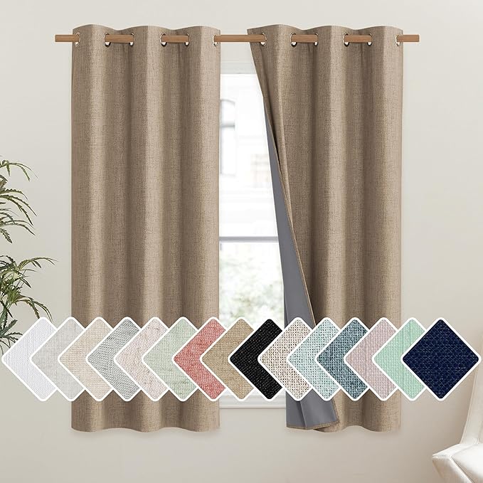 NICETOWN Burlap Vintage Open Linen Weave Flax Thermal Curtains, 100% Blackout Curtains 45" Long for Dining Room, Soundproof Window Treatment Drapes for Kitchen, 42" Wide Per Panel, Set of 2