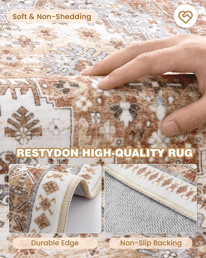 4x10 Runner Rug, Washable Hallway Runner Rug with Non-Slip Backing, Low Pile Wide Runner for Living Room, Entryway, Kitchen, Soft Vintage Home Decor Mat for Dining Room(Orange,4'x10')