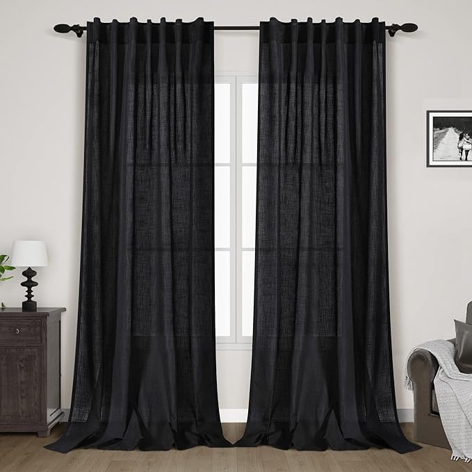 Linen Black Curtains 145 inch Extra Long for Living Room Back Tab Light Filtering Semi Sheer Drapes Modern Farmhouse Coastal Decor Cotton Textured Curtain for Floor to Ceiling High Window 52x145