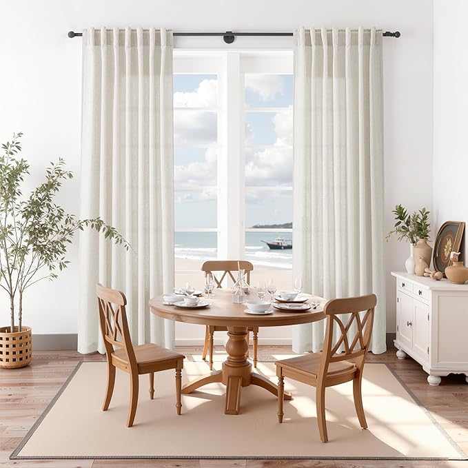 Nanspring Mousse White Linen Curtains 120 Inches Long for Living Room Light Filtering Semi Sheer Curtain Back Tab Coastal Decor Luxury Floor to Ceiling High Window for Bedroom 52x120, 2 Panels