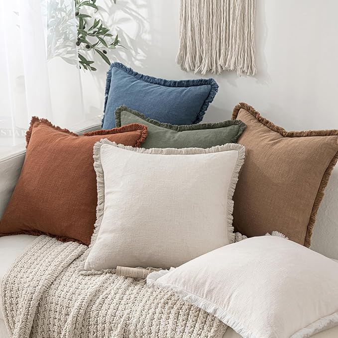 MIULEE Decorative Throw Pillow Covers Neutral Linen Fringe Throw Pillows Set of 2 Blue Ashes Boho Farmhouse Cushion Covers with Tassels for Couch Sofa Bed Spring Home Decor 20x20 Inch