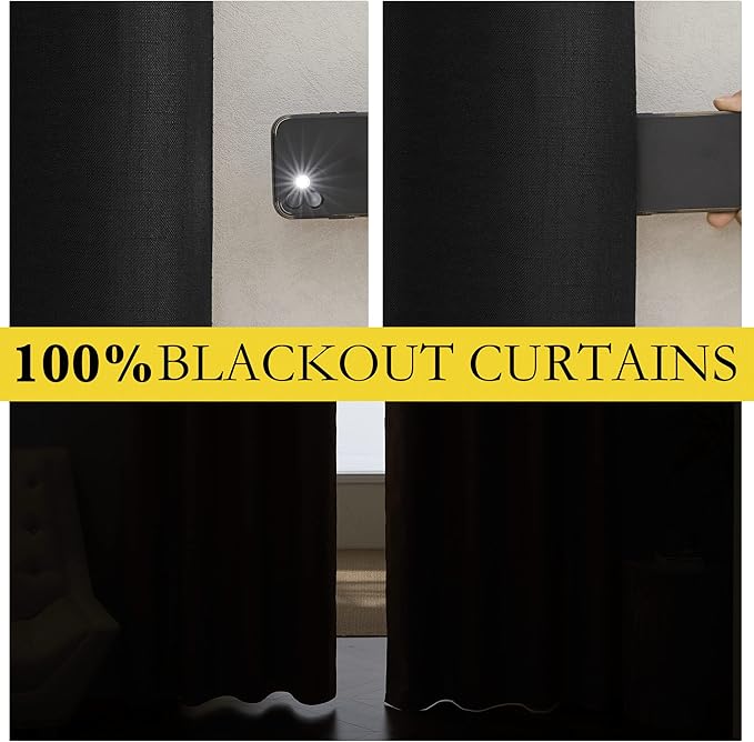 NICETOWN Vintage Open Linen Weave Flax Thermal Black Curtains for Holloween Decoration, 100% Blackout Curtains 84 inches Long 2 PCs for Dining Room, Soundproof Window Treatment Drapes for Hall Room