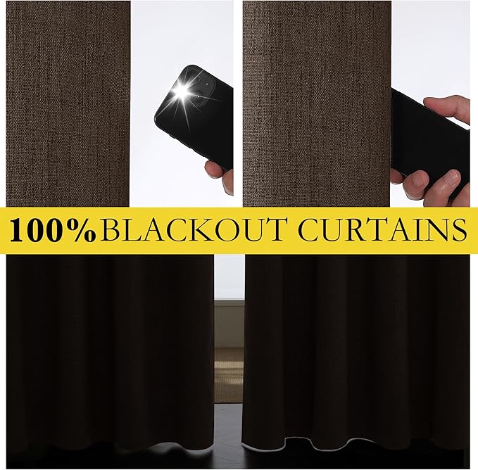 NICETOWN Coffee Vintage Linen 100% Blackout Curtains for Living Room, Thermal Insulated Curtains 120“ Long, Noise Reducing Window Treatment Drapes for Home Office, 62" Wide Per Panel, Set of 2