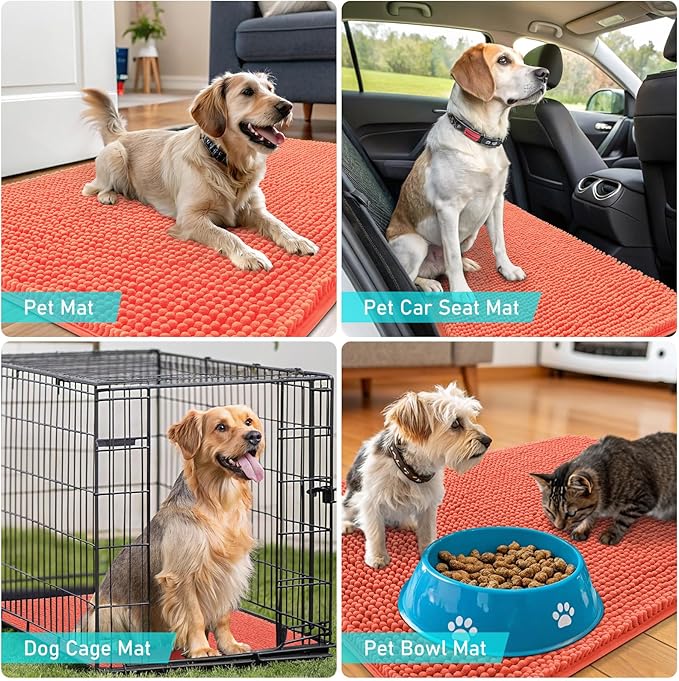OLANLY Dog Door Mat for Muddy Paws 59x20, Absorbs Moisture and Dirt, Absorbent Non-Slip Washable Doormat, Quick Dry Chenille Mud Mat for Dogs, Entry Indoor Entryway Carpet for Inside Floor, Coral