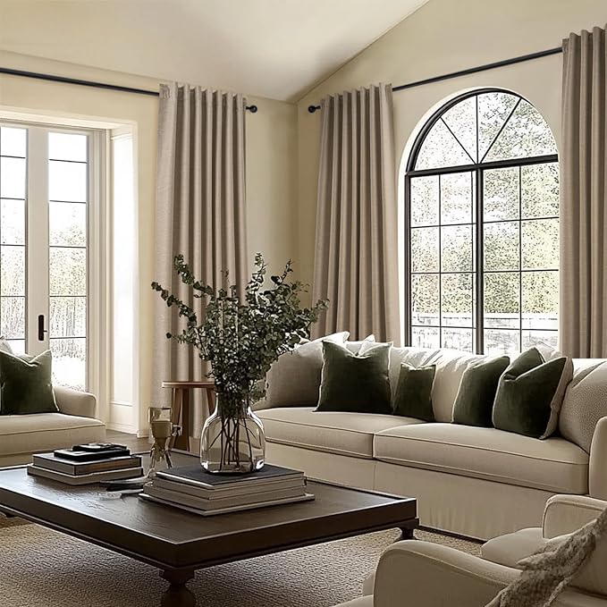 Topfinel Taupe Burlap Linen Blackout Curtains & Drapes 86 Inch Length 2 Panels Set Dark Flax Linen Brown Tan Room Darkening Soundproof Cabin Curtains with Hooks Rings for Bedroom Living Room