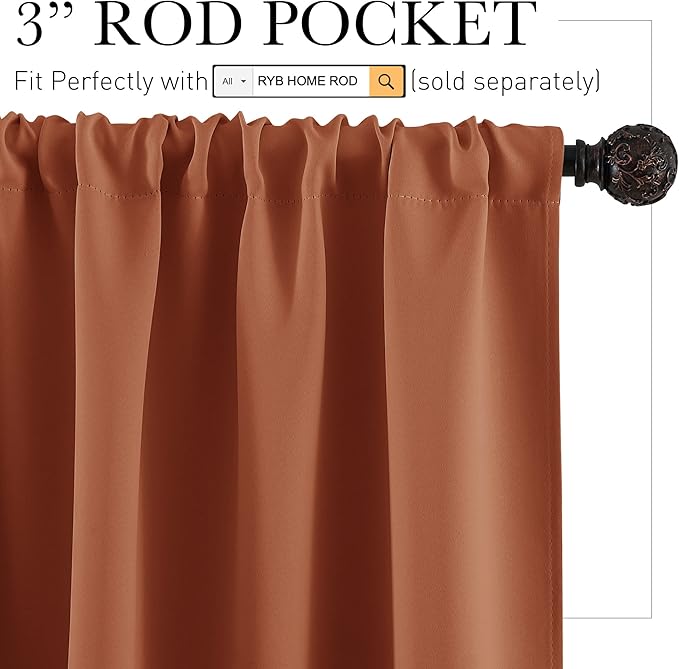RYB HOME Short Blackout Curtains for Small Window, Sunmmer Heat Light Blocking Privacy Protection Curtains for Sunroom Laundry Room Stair Window, Width 52 by Length 36, Burnt Orange, Set of 2