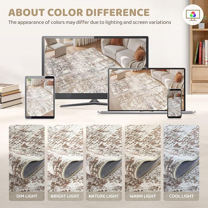 UERMEI 4x6 Area Rug Living Room Rugs - Washable Neutral Modern Abstract Soft Thin Rug Indoor Floor No Slip Rug Carpet for Bedroom Under Dining Table Home Office Decor - Brown/Grey/Red