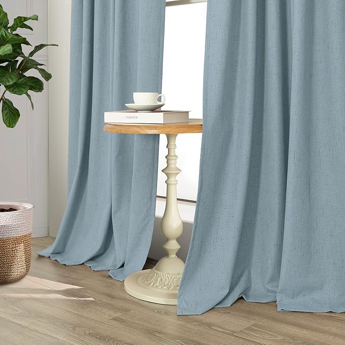 Slate Blue Curtains 108 Inches Long 2 Panel Burg 100% Blackout Boho Linen Textured Darkening Thermal Insulating Ceiling to Floor Length Drapes Dusty Blue Grey Curtain for Bedroom Living Room Divider