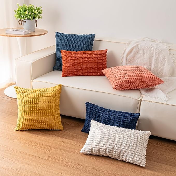 Pack of 2 Corduroy Decorative Throw Pillow Covers 12x24 Inch Soft Striped Pillow Covers Modern Farmhouse Home Decor for Sofa Living Room Couch Bed（Beige）