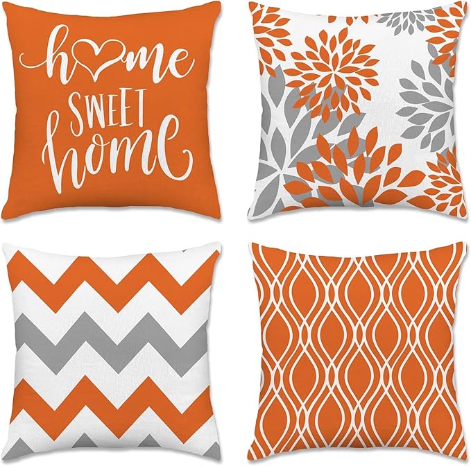Hexagram Geometric Orange Pillow Covers 16x16 Set of 4, Decorative Outdoor Boho Modern Throw Pillow Covers, Home Sweet Home Farmhouse Cushion Case for Couch Sofa Bedroom Indoor Decor(No Insert)