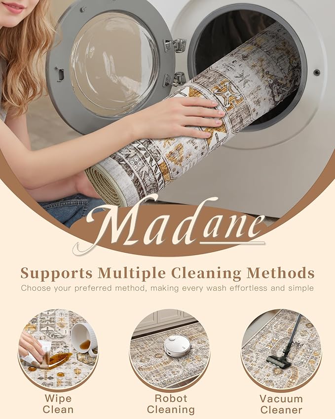 Madane Washable Area Rug 2x3, Small Entryway Rug Non-Slip Vintage Door Mat Indoor Entrance, Low Pile Floor Carpet for Inside Front Door Bedroom Kitchen Entry Laundry (2'x3', Brown/Gold)