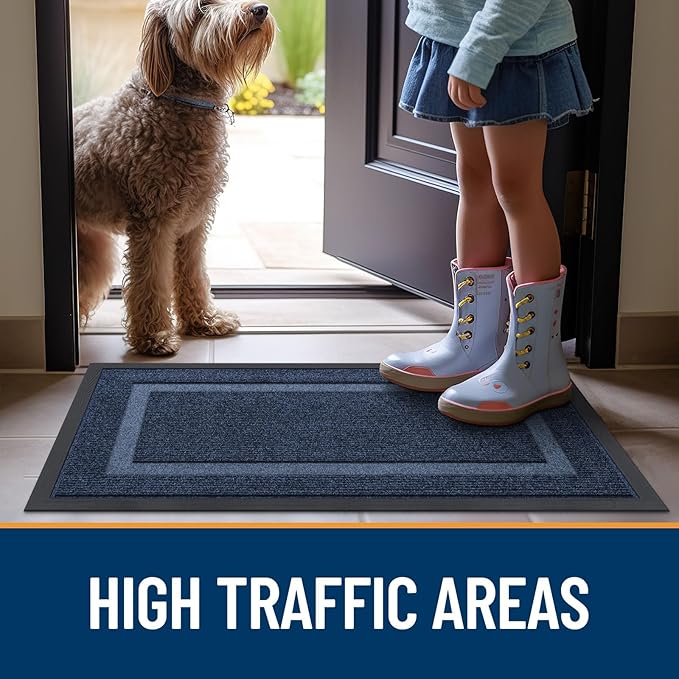 OLANLY Front Door Mat Indoor Outdoor Entrance, Waterproof All-Season, All-Weather Doormat, Sturdy Natural Rubber, Fade Resistant, Low Profile, Easy Clean Patio Porch Entryway Mat, 33x21, Blue