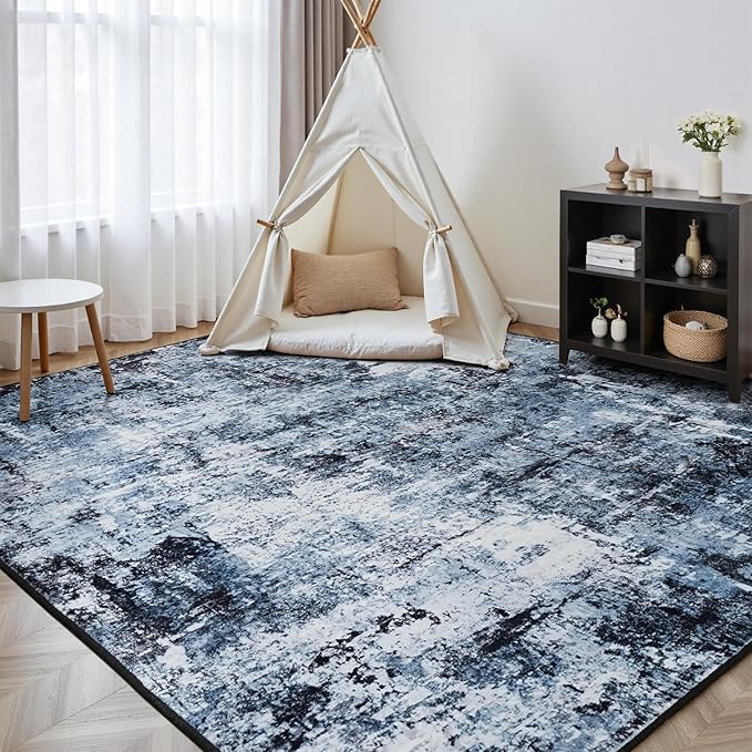 Rugflix 2x3 Entrance Rugs, Entry Rug Washable Non-Slip Stain-Resistant Low Pile Small Modern Dark Carpet, for Living Room Bedroom Indoor, Navy Blue/Black