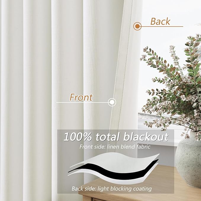 Guken Ivory Linen 100% Blackout Curtains 90 Inch Length 2 Panels Set for Living Room Bedroom Back Tab Thermal Insulated Black Out Linen Drapes Room Darkening Window Curtains 40 Inches Wide