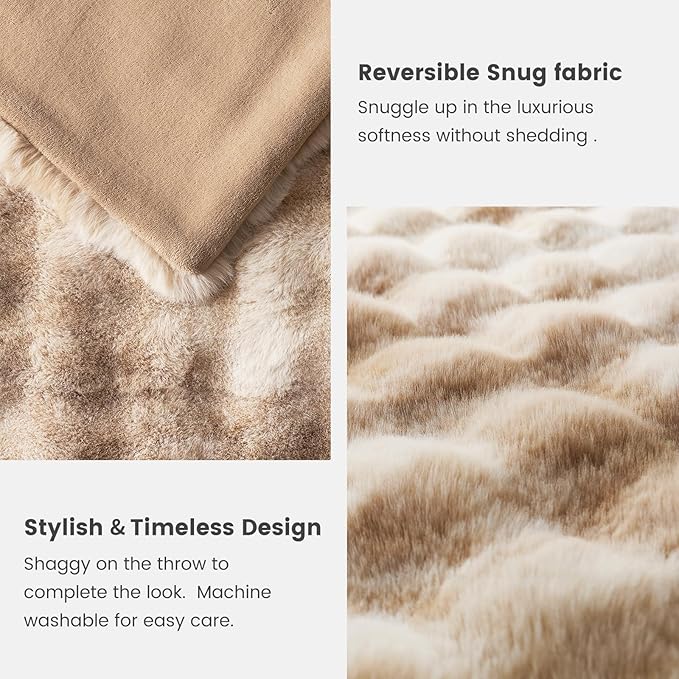 Cozy Bliss Faux Fur Throw Blanket for Couch, Fuzzy Soft Plush Thick Bubble Blanket for Sofa Bedroom Living Room, 60 * 80 Inches Tie-dye Beige