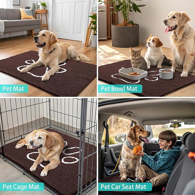 Smiry Dog Door Mat for Muddy Paws, Absorbent Dirt Trapper Non Slip Quick Dry Washable Chenille Mat for Mud Dogs, Entry Rug for Indoor and Outdoor (40x32 Inches, Brown and White)