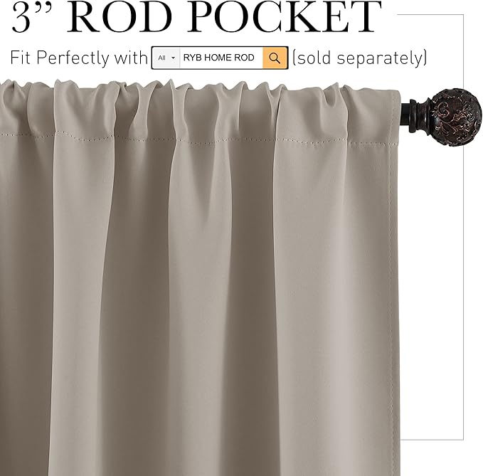 RYB HOME Blackout Curtains for Bedroom Living Room 72 inches Long, Thermal Insulated Privacy Rod Pocket Drapes for Nursery Office Home Theater, Width 42 by Length 72, Sand, 2 Panels