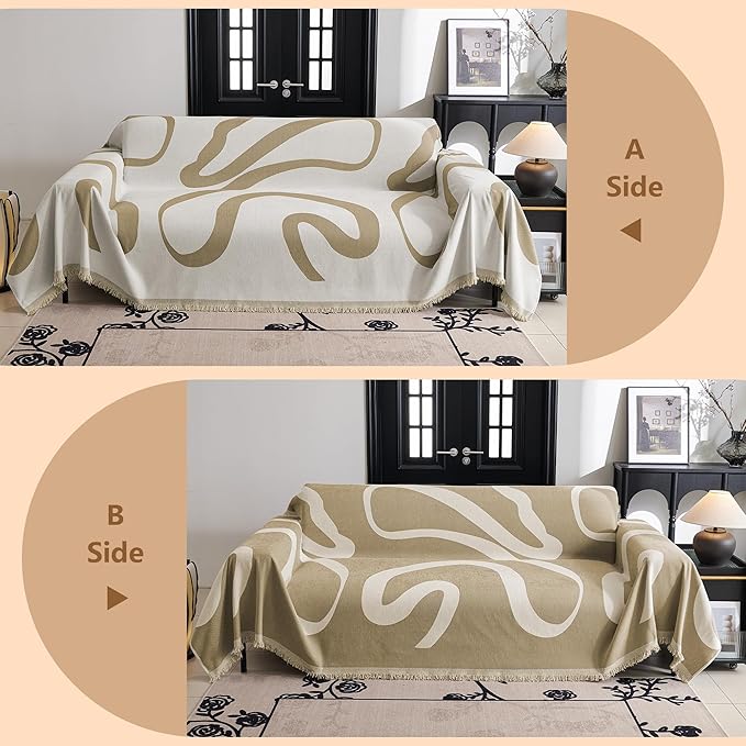 MYSKY HOME Couch Cover for 3 Cushion Sofa, Super Soft Boho Couch Covers for Dogs Washable, Jacquard Slipcover Furniture Protector for Living Room, 91" x 134", Khaki Curve