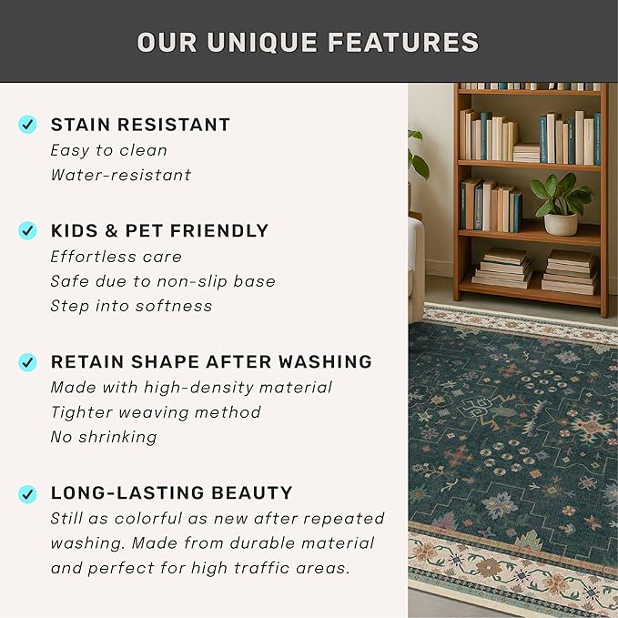 Hazo Haus Dark Green Vintage 7x10 Washable Rugs for Living Room - Dark Academia Victorian Floral Geometric Bedroom Rug, Ultra Soft Thin Low Pile Non-Slip Large Rugs for Lounge
