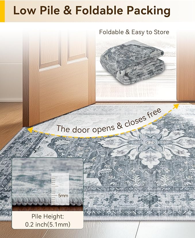 RELEANY Area Rugs 6'x8' Washable Non-Slip, Floral Vintage Distress Print Pattern Medallion Carpet for Living Room Bedroom Dining Room, Light Gray Grey White