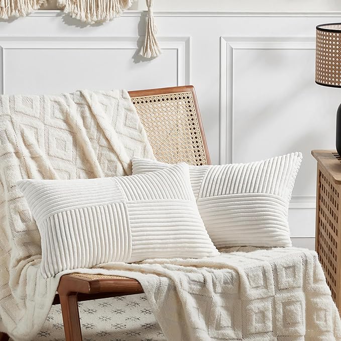 Fancy Homi 2 Packs Cream White Lumbar Decorative Throw Pillow Covers 16x28 Inch for Couch Bed Sofa, Rustic Farmhouse Boho Home Decor, Soft Striped Corduroy Rectangle Accent Cushion Case 40x70 cm