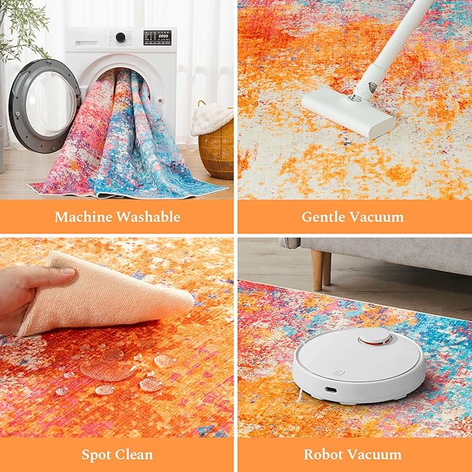 Rugflix 5x7 Area Rugs for Living Room, Washable Large Multicolor Rug Stain-Resistant Low Pile, Modern Carpet for Dining Room Home Office Kid Room Nursery Bedroom, Colorful Rainbow