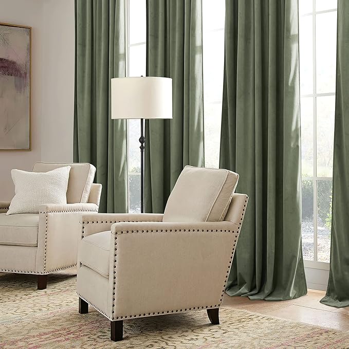 RYB HOME Sage Green Velvet Curtains with Hook Tape, Thermal Insulated Privacy Protect Decorative Drapes for Bedroom Dining Room, W 62 x L 96 inches, 2 Panels Set