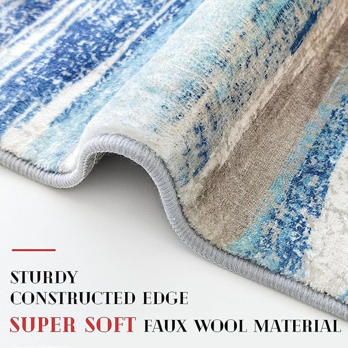 Lansny Modern Abstract Runner Rug 2.6x14, Blue Washable Long Kitchen Runner Non-Slip Soft Hallway Rug Runner Thin Print Faux Wool Carpet for Entryway Bedroom Laundry Room Indoor Home Decor